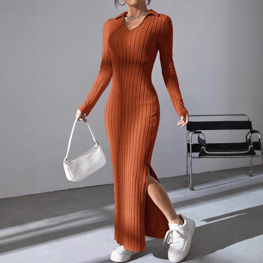 Damen Maxikleid mit strukturiertem V-Ausschnitt und Seitenschlitzen EB