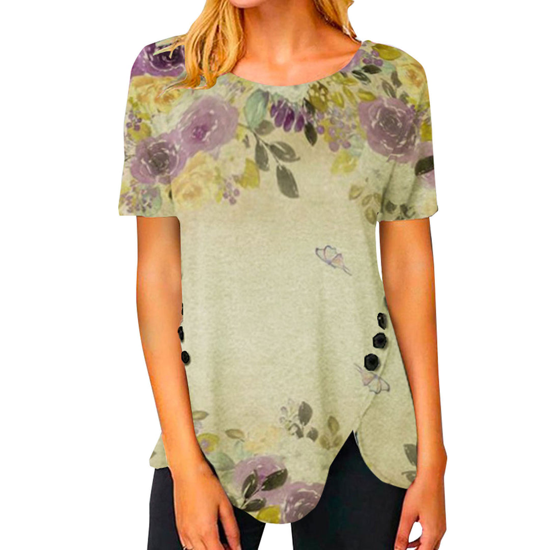 Damen lässiges T-Shirt mit dekorativem Floraldesign und asymmetrischem Saum EB