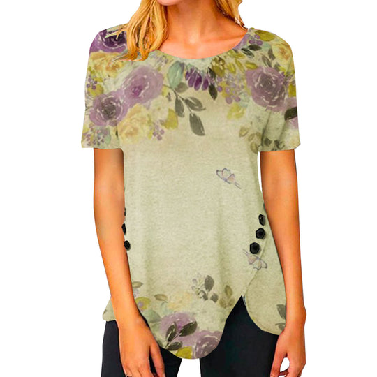 Damen lässiges T-Shirt mit dekorativem Floraldesign und asymmetrischem Saum EB