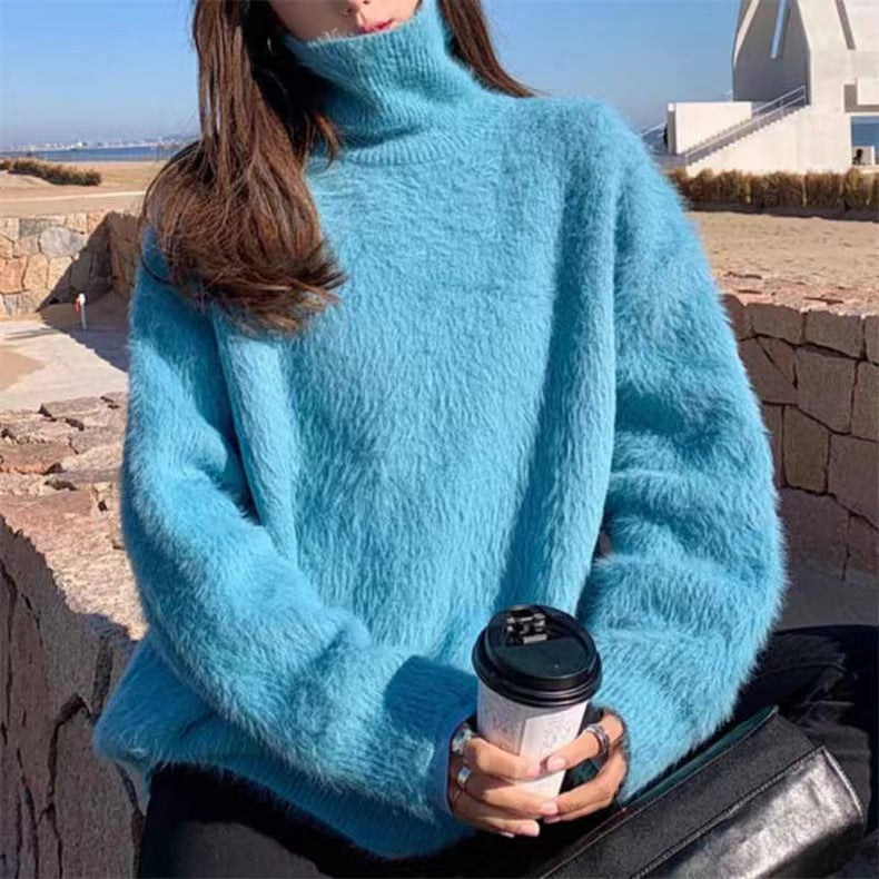 Damen Flauschiger Pullover mit Lockere Passform und Hohem Kragen EB