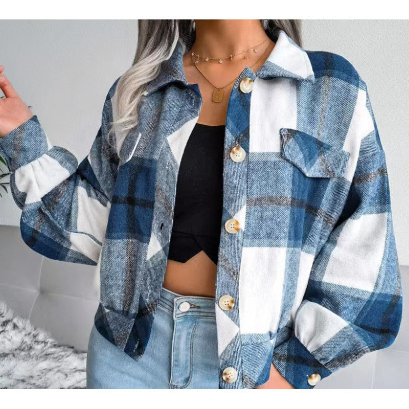 Damen karierte Flanelljacke mit Knopfverschluss und Brusttasche EB