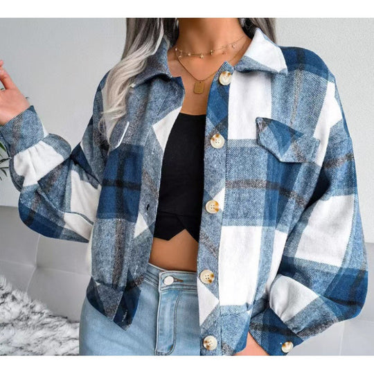 Damen karierte Flanelljacke mit Knopfverschluss und Brusttasche EB