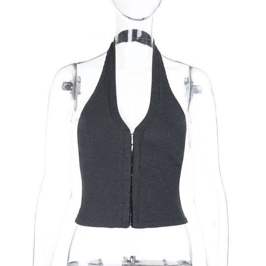 Damen Crop-Top mit tiefem V-Ausschnitt und elegantem Reißverschluss EB