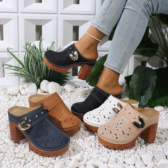 Damen modische Clogs mit perforiertem Design und elegantem Blockabsatz EB