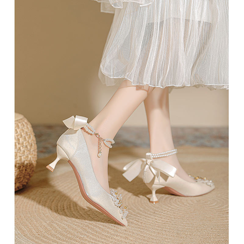 Damen elegante Spitzen-Pumps mit dekorativen Perlen-Details und Riemchen EB