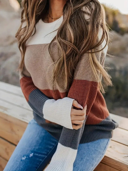 Damen modischer Strickpullover mit modernem Streifen-Design und langen Ärmeln EB