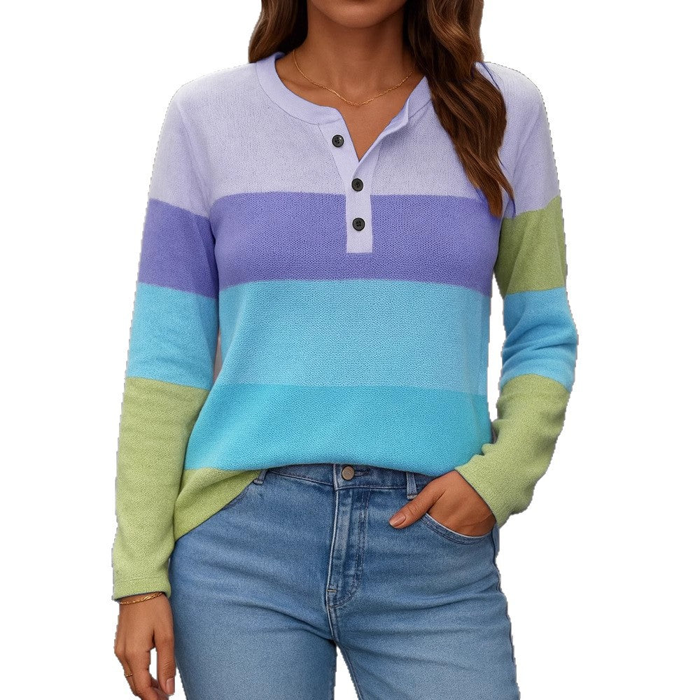 Damen Gestreifter Feinstrickpullover mit Henley-Knopfleiste EB