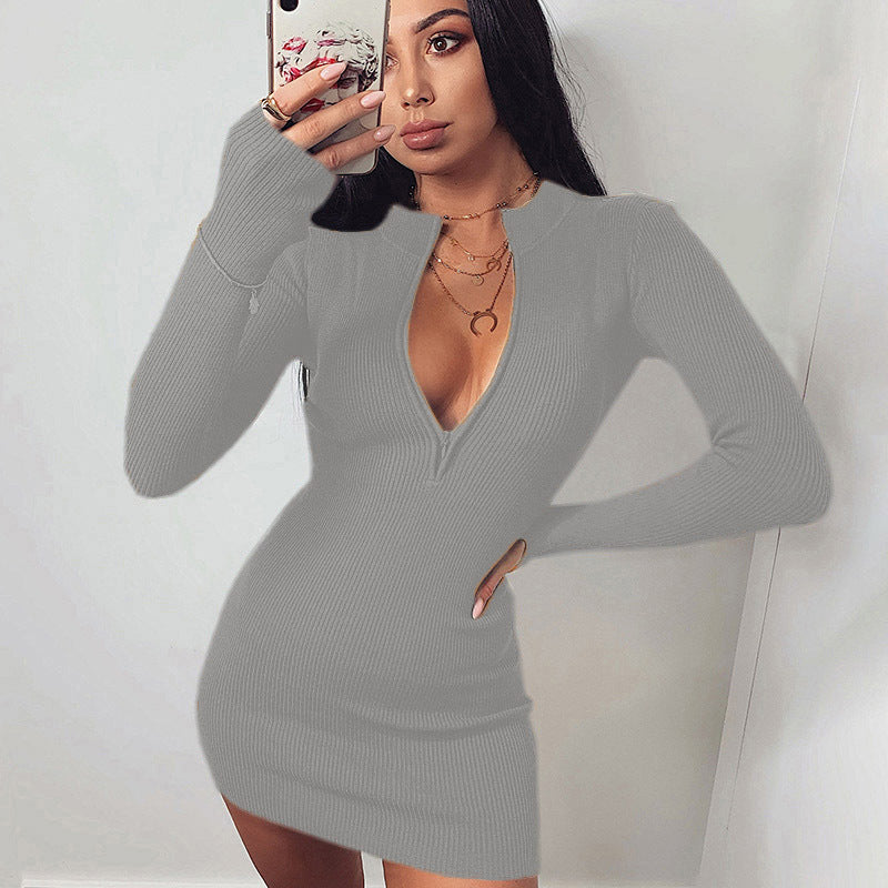 Damen Körperbetontes Strickkleid mit tiefem V-Ausschnitt und langen Ärmeln EB