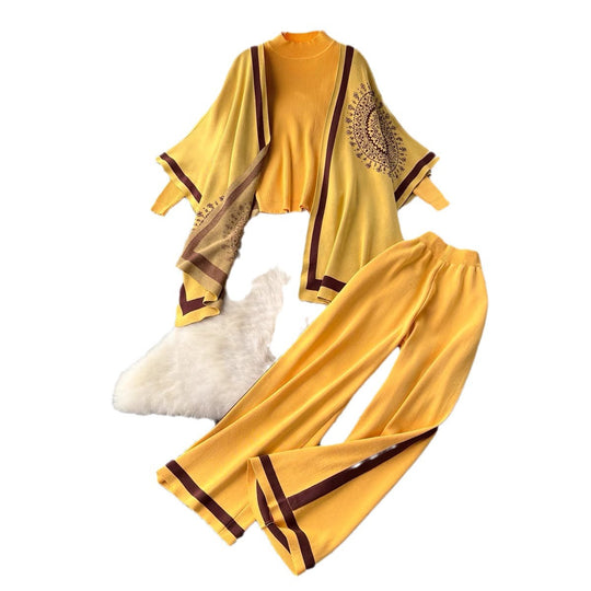 Damen lässiges Strickensemble mit langen Ärmeln und weitem Bein EB