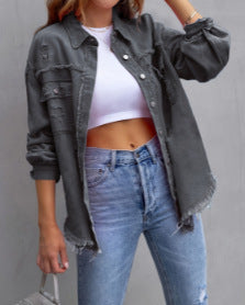 Damen Stylische Overshirt-Jacke mit fransigem Saum EB