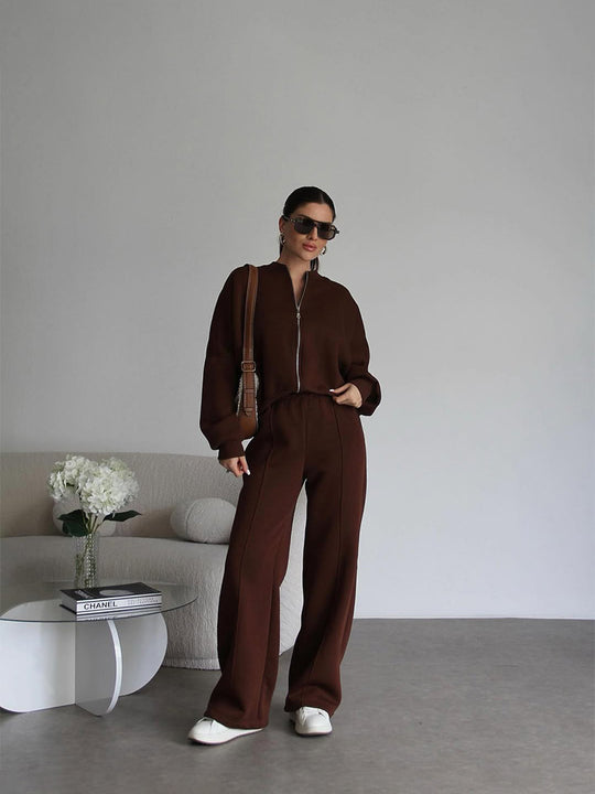 Damen nan Oversize Reißverschlussjacke mit weiter High-Waist Loungehose Set EB