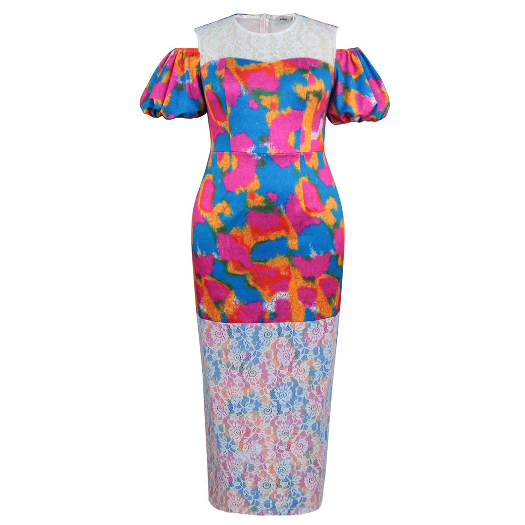 Damen Maxikleid mit voluminösen Puffärmeln und floralem Spitzenbesatz EB