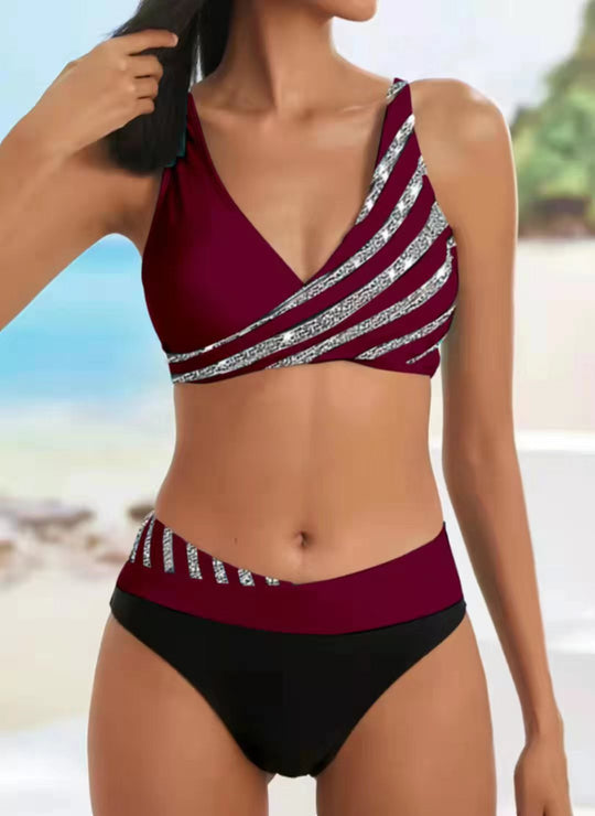 Damen Sportlicher Badeanzug mit kreativen Streifen EB