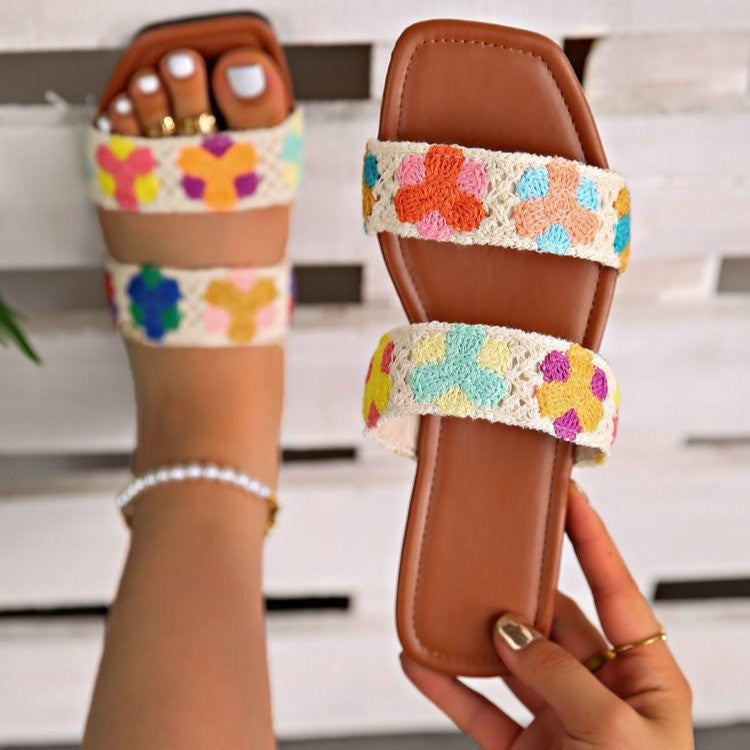 Damen Bunte Flauscher Slides mit floralem Design EB