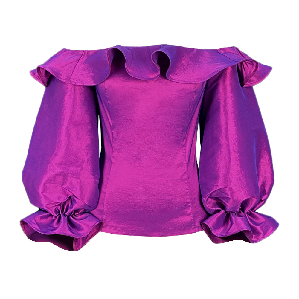 Damen Off-Shoulder Bluse mit voluminösen Puffärmeln und elegantem Rüschensaum EB
