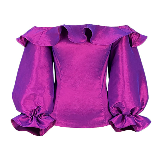 Damen Off-Shoulder Bluse mit voluminösen Puffärmeln und elegantem Rüschensaum EB