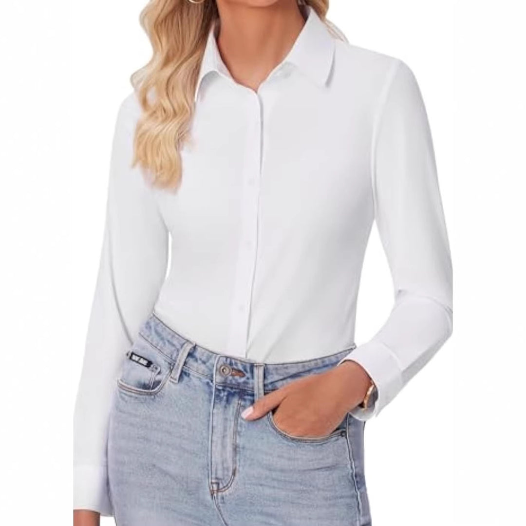 Damen Klassische Viskose-Stretch Hemdbluse mit Kentkragen und Manschetten EB