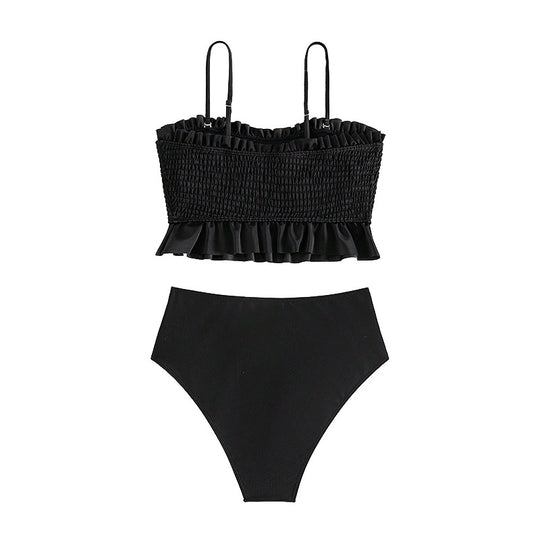 Damen Bikini-Set mit gerafftem Oberteil und hoch geschnittenem Unterteil EB