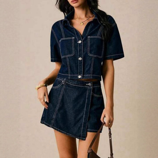 Damen Denim-Crop-Jacke mit praktischen Taschen und modernem Design EB