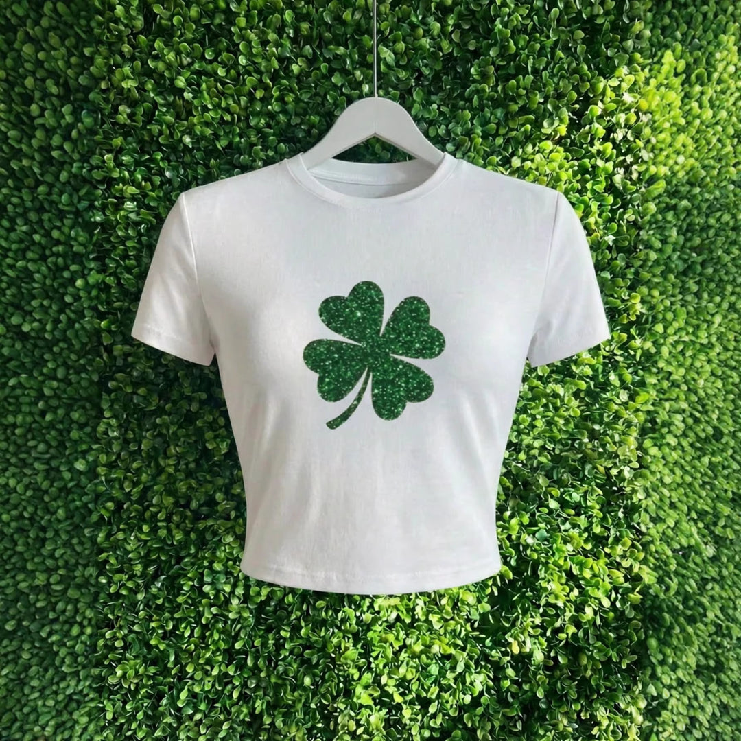 Damen Crop-Top mit Glitzerndem Kleeblatt-Motiv EB