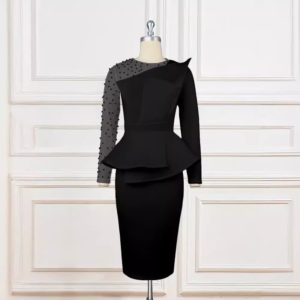 Damen Etuikleid mit transparenten Puffärmeln und dekorativem Peplum EB