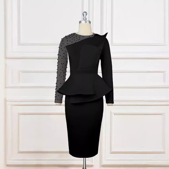 Damen Etuikleid mit transparenten Puffärmeln und dekorativem Peplum EB