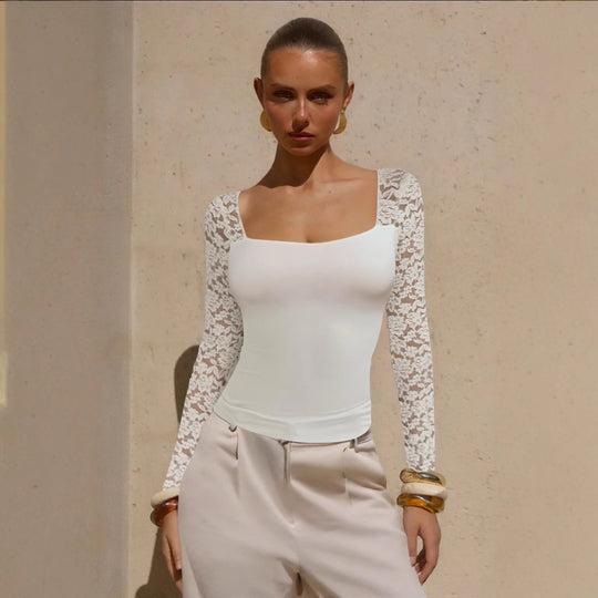 Damen Elegantes Oberteil mit Spitzenärmeln EB