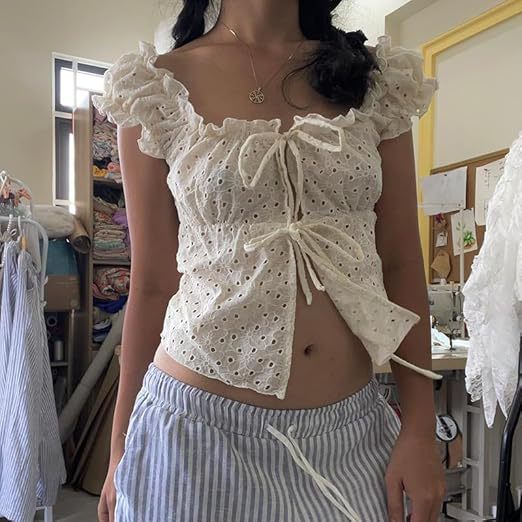 Damen Rüschenshirt mit tiefer Taille und Bindebändern EB