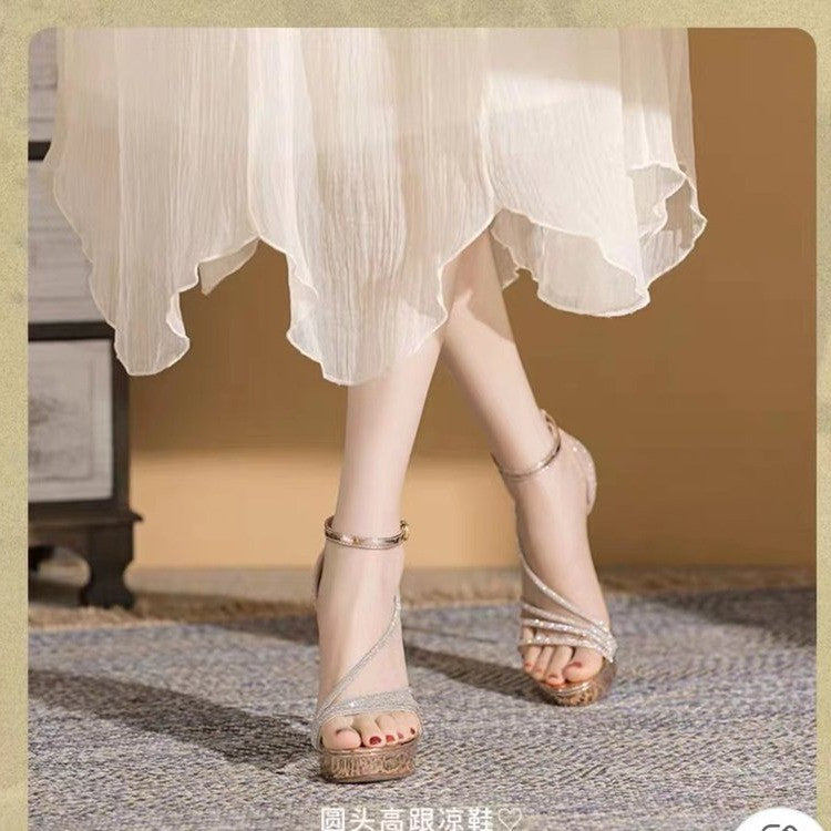 Damen Glamouröse High Heels mit glitzerndem Obermaterial und elegantem Riemchen-Design EB