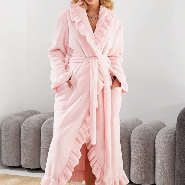Damen nan luxuriöser Morgenmantel mit Rüschenkragen, extra-langer Schnitt und Bindegürtel EB