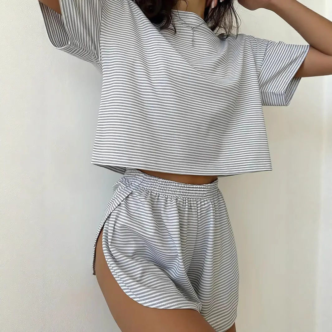 Damen Lässiges Streifen-Set mit weitem T-Shirt und Shorts EB
