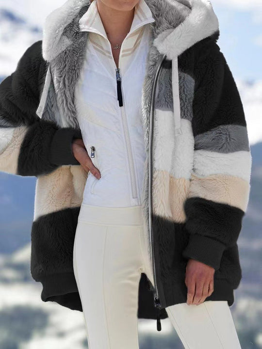 Damen nan oversized gefütterte Kunstfelljacke mit Kapuze, Blockstreifen und gerippten Bündchen EB