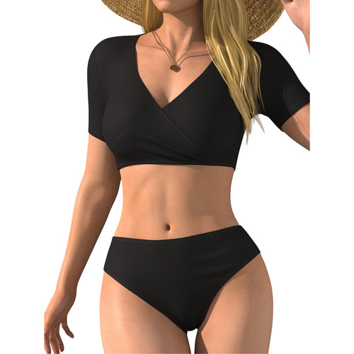 Damen Bikini-Oberteil mit Wickelschnitt und kurzen Ärmeln EB