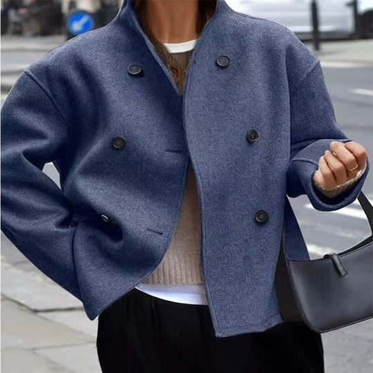 Damen modische Wolljacke mit doppelter Knopfleiste und hohen Kragen EB