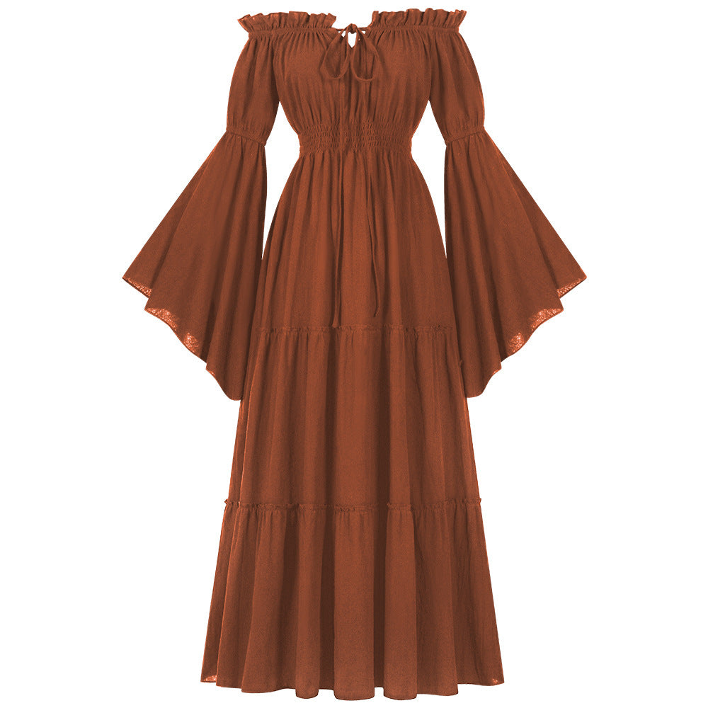 Damen nan bodenlanges Off-Shoulder Maxikleid mit geraffter Taille, mehrstufigem Rock und weiten Trompetenärmeln Eb