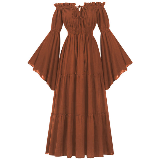 Damen nan bodenlanges Off-Shoulder Maxikleid mit geraffter Taille, mehrstufigem Rock und weiten Trompetenärmeln Eb