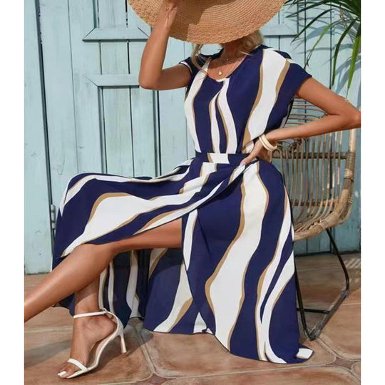 Damen Maxi-Kleid mit modernen Streifen und elegantem Schlitz EB