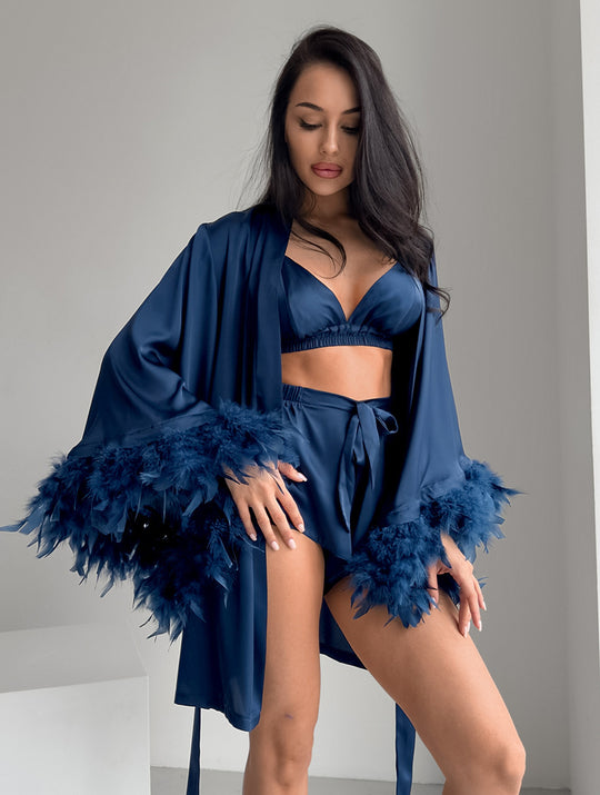 Damen Satin Kimono mit Federn EB