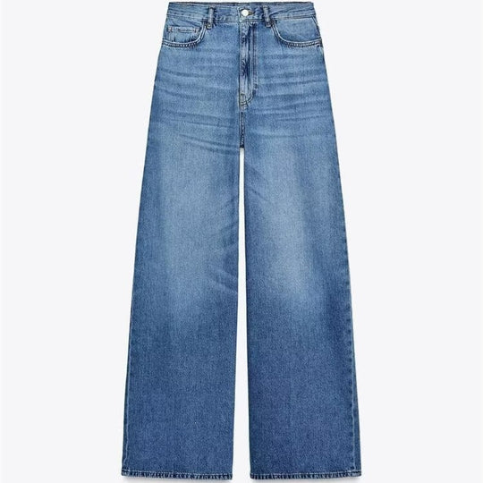 Damen luftige und strukturierte Bluse mit Balloonärmeln und weiten Jeans EB
