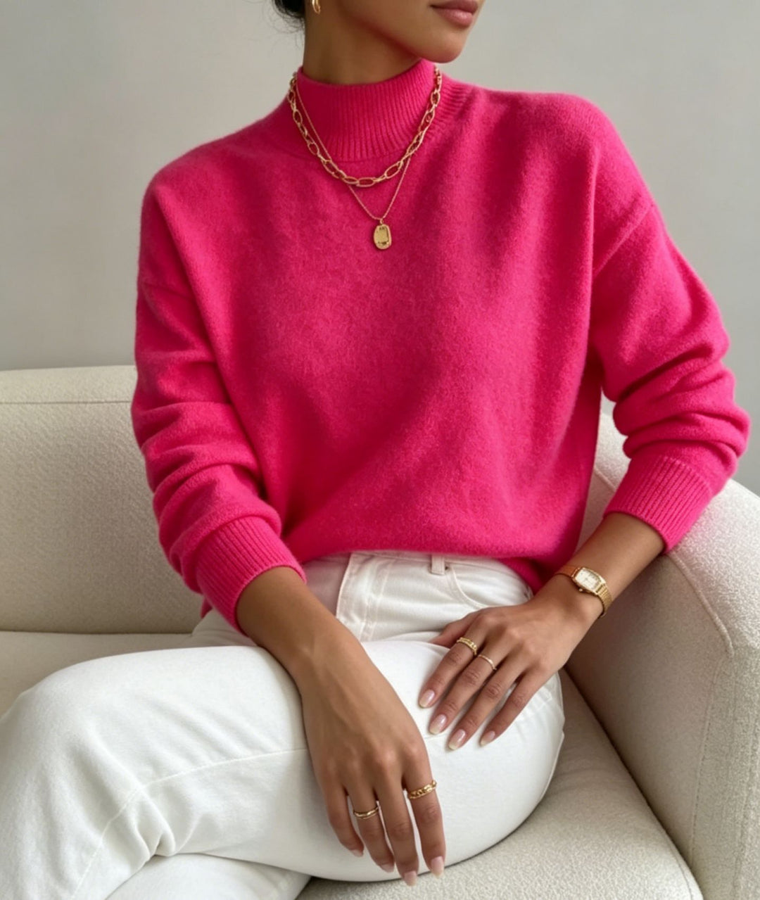 Damen kuscheliger Feinstrickpullover mit Stehkragen und überschnittener Schulter EB