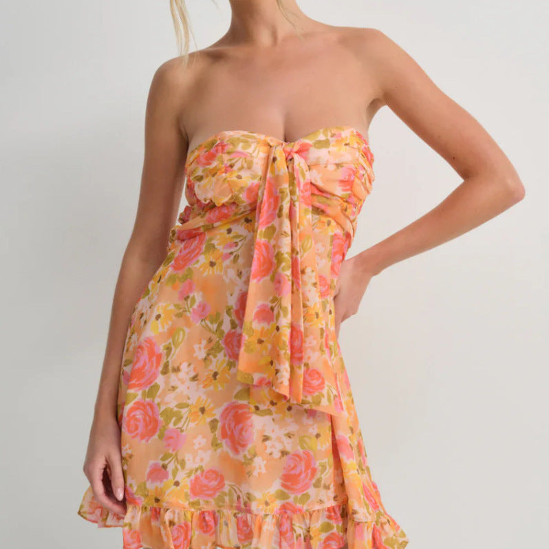 Damen nan trägerloses Chiffon-Sommerkleid mit Blumenmuster Bandeau-Oberteil und Volantbesatz EB