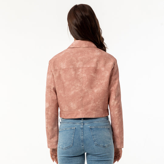 Damen modische cropped Kunstlederjacke mit klassischem Wellenkragen EB