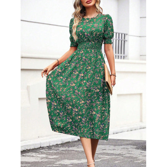 Damen Leichtes Blumendruck Maxi Kleid mit Smock-Taille EB