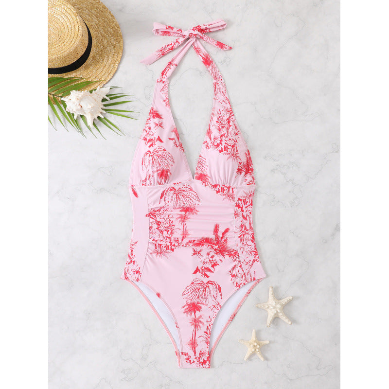 Damen Einteiliger Badeanzug mit verspieltem Blumendesign und V-Ausschnitt EB