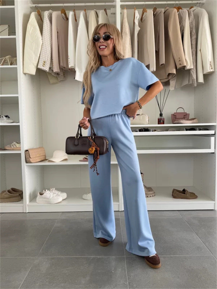 Damen Loungewear-Zweiteiler mit Cropped-Boxy-Shirt und fließender High-Waist Palazzo-Hose EB