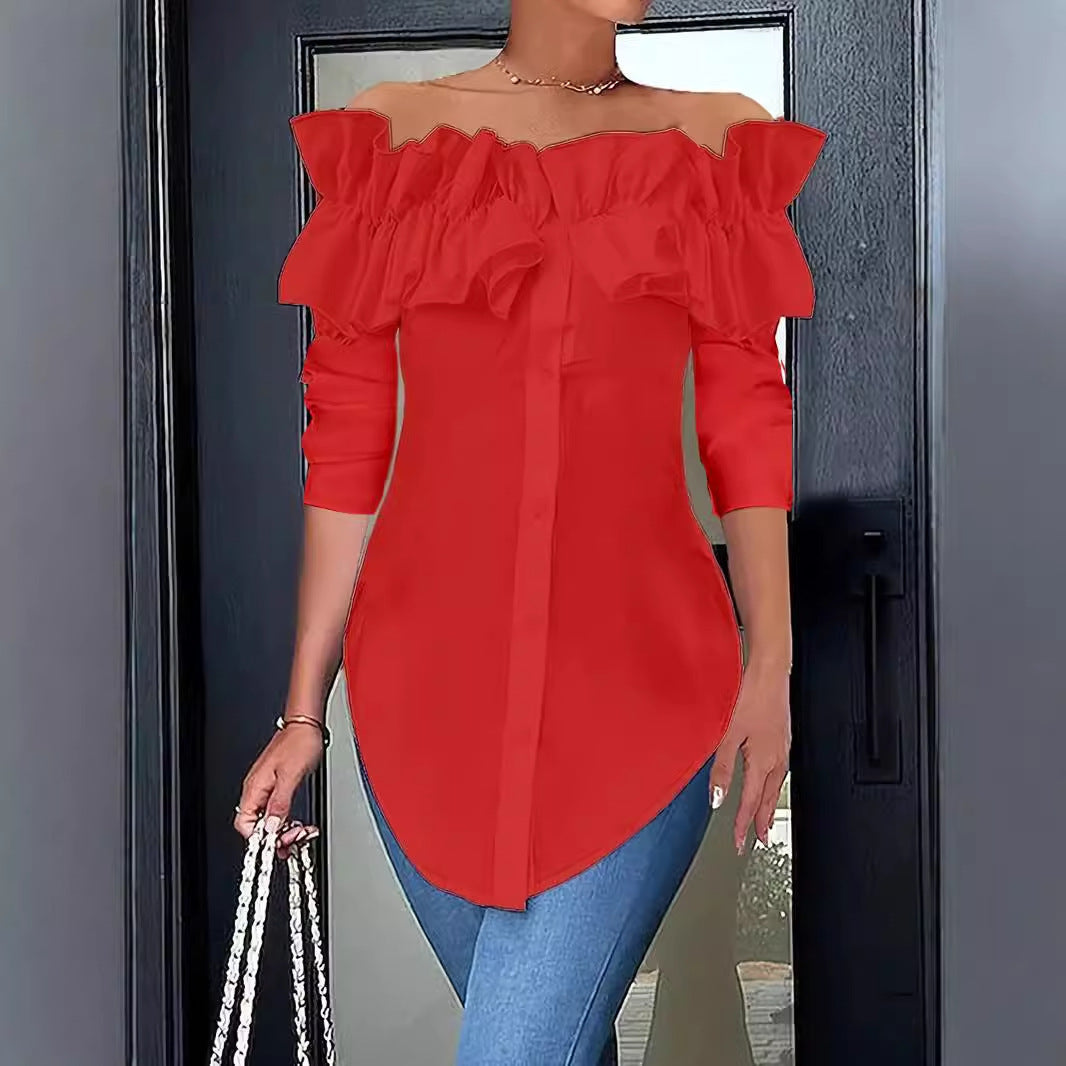Damen Off-Shoulder Bluse mit Rüschen und Knopfleiste EB