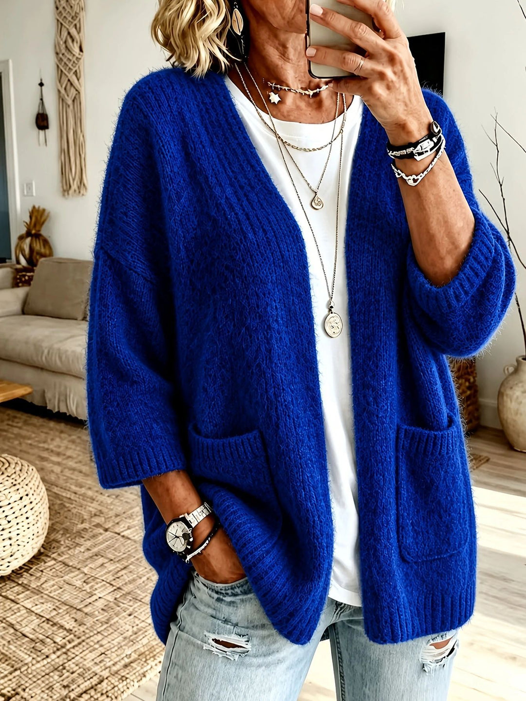 Damen Offener Longcardigan im Mohair-Look mit aufgesetzten Taschen und überschnittener Schulter EB
