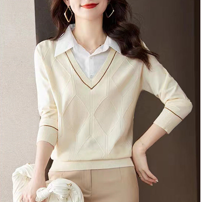 Damen gestrickter Pullover mit v-ausschnitt und strukturiertem Diamantmuster EB