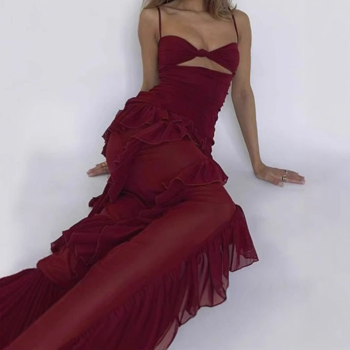Damen Elegantes Maxikleid mit Spitzendesign und Rüschendetails EB