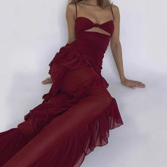 Damen Elegantes Maxikleid mit Spitzendesign und Rüschendetails EB